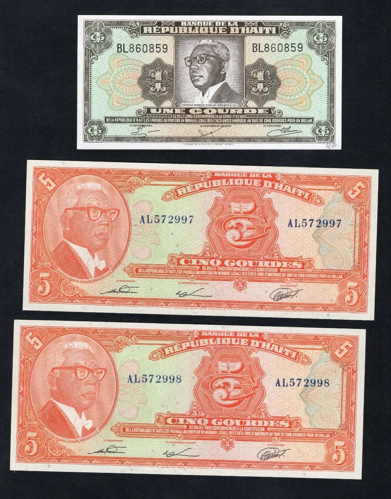 3 HAITI  banknotes 2x 5 Gourdes(1979/1982)  1 Gourde （1968）UNC /c1