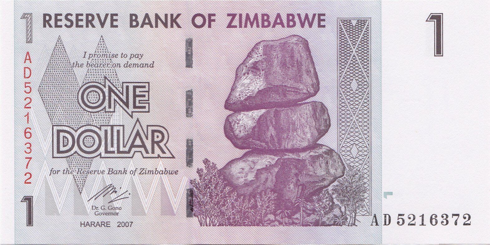 Zimbabwe 1 Dollar, 2007, P-65, UNC - worldbanknote