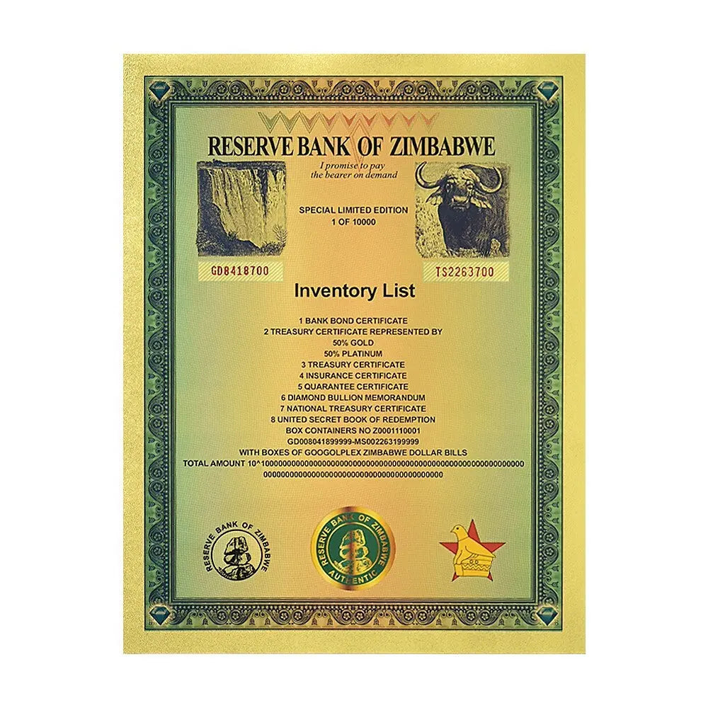 Googolplex Containers Gold Foil Banknote Zimbabwe Large Certificate Collectibles
