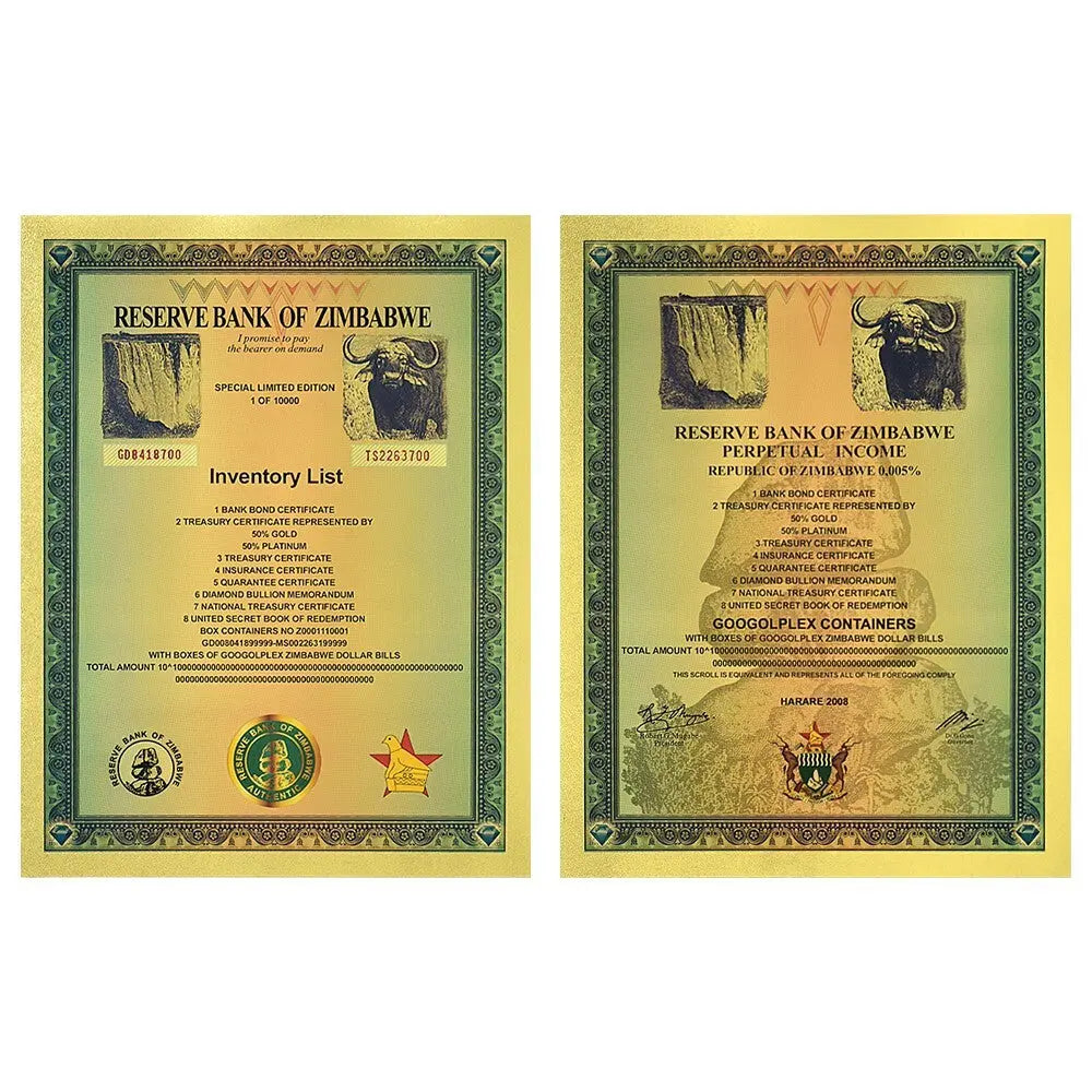 Googolplex Containers Gold Foil Banknote Zimbabwe Large Certificate Collectibles