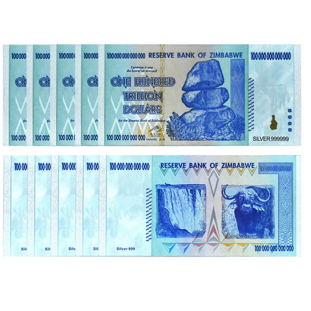 10xZimbabwe 100 Trillion Silver Foil Banknote Coloured Novelty Note