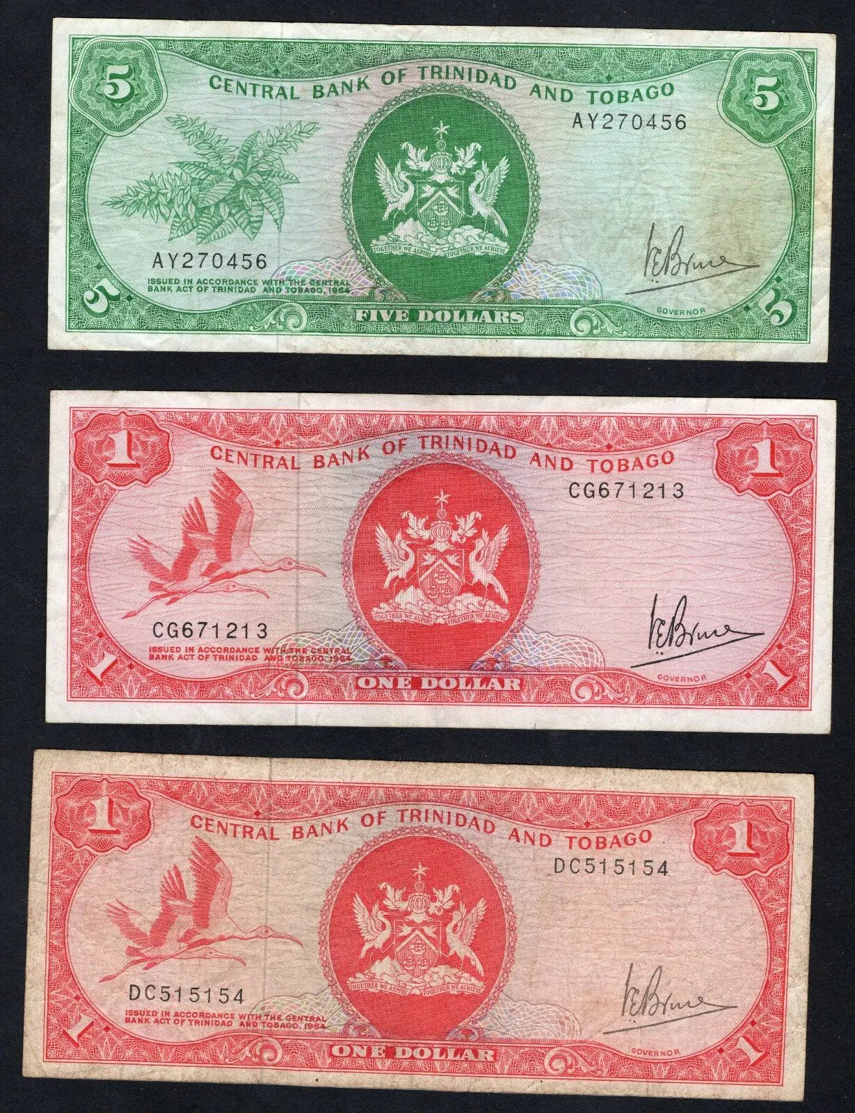 5 Trinidad and Tobago banknotes, 2x1, 5, 10 ,20 dollars  (1977) very fine/c1