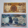 Two collectible Middle Eastern banknotes with Arabic script and colorful designs, one featuring a waterfall landscape.