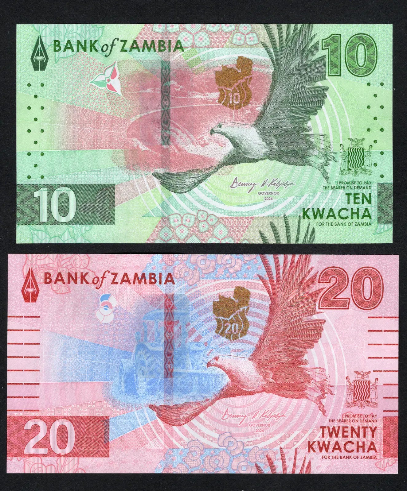 front of Zambia Set 2 Pcs 10 20  Kwacha 2024 2025 P 62 63 66 67 NEW UNC