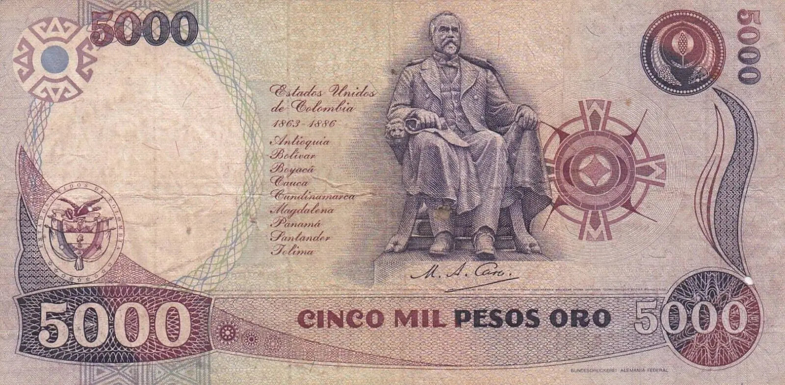 BANK OF COLOMBIA , 5000 PESOS 1986 VF/ ref d2