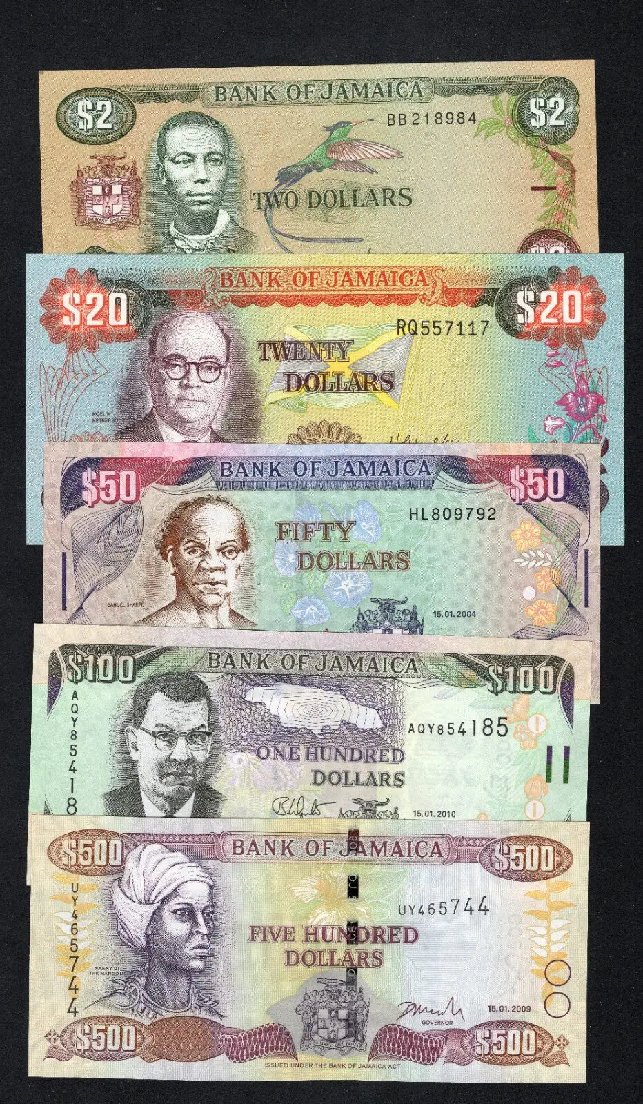 5 Jamaica banknotes: 2,20,50,100,500 dollars(1979/2010) unc/c2