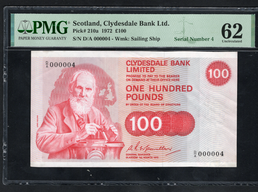 Scotland 1972  100 Pounds P210a Clydesdale Bank  PMG 62 AUNC Serial number 4