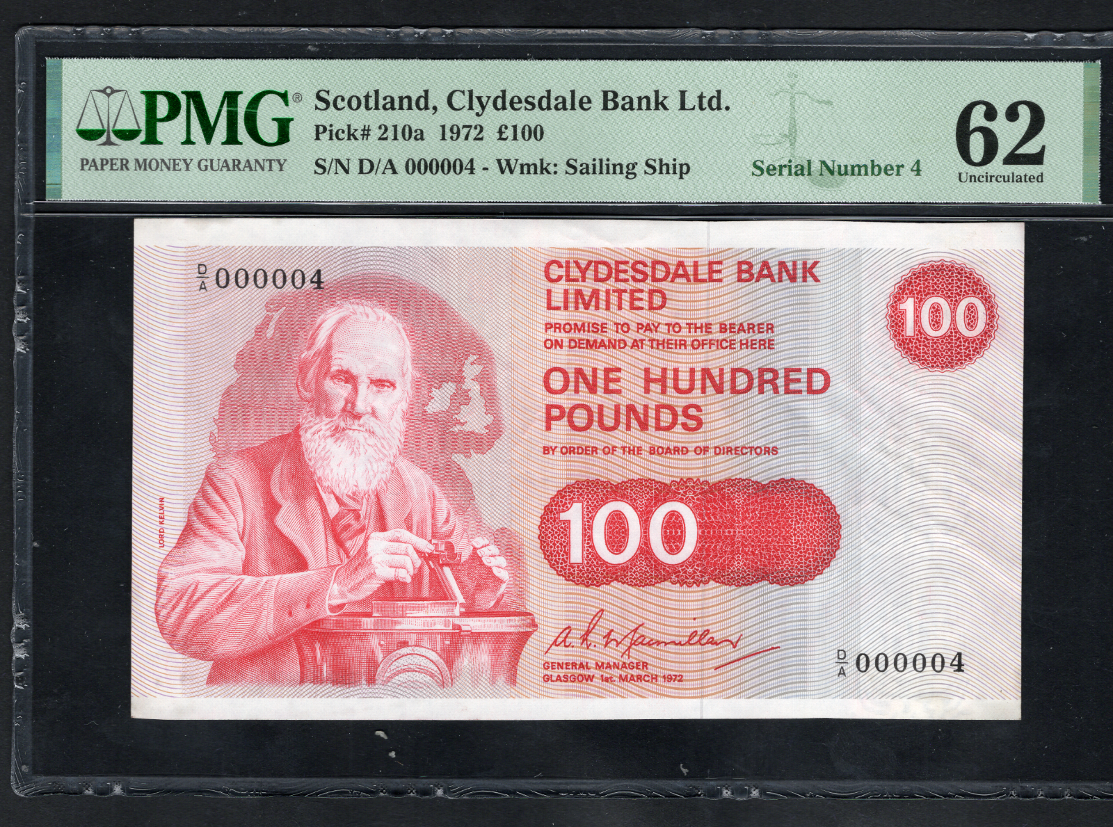 Scotland 1972  100 Pounds P210a Clydesdale Bank  PMG 62 AUNC Serial number 4