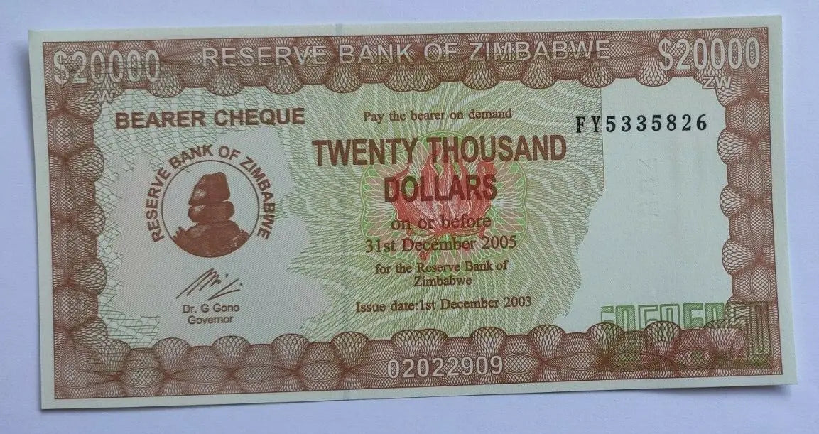 Zimbabwe 20000 bearer cheque, 2003 UNC