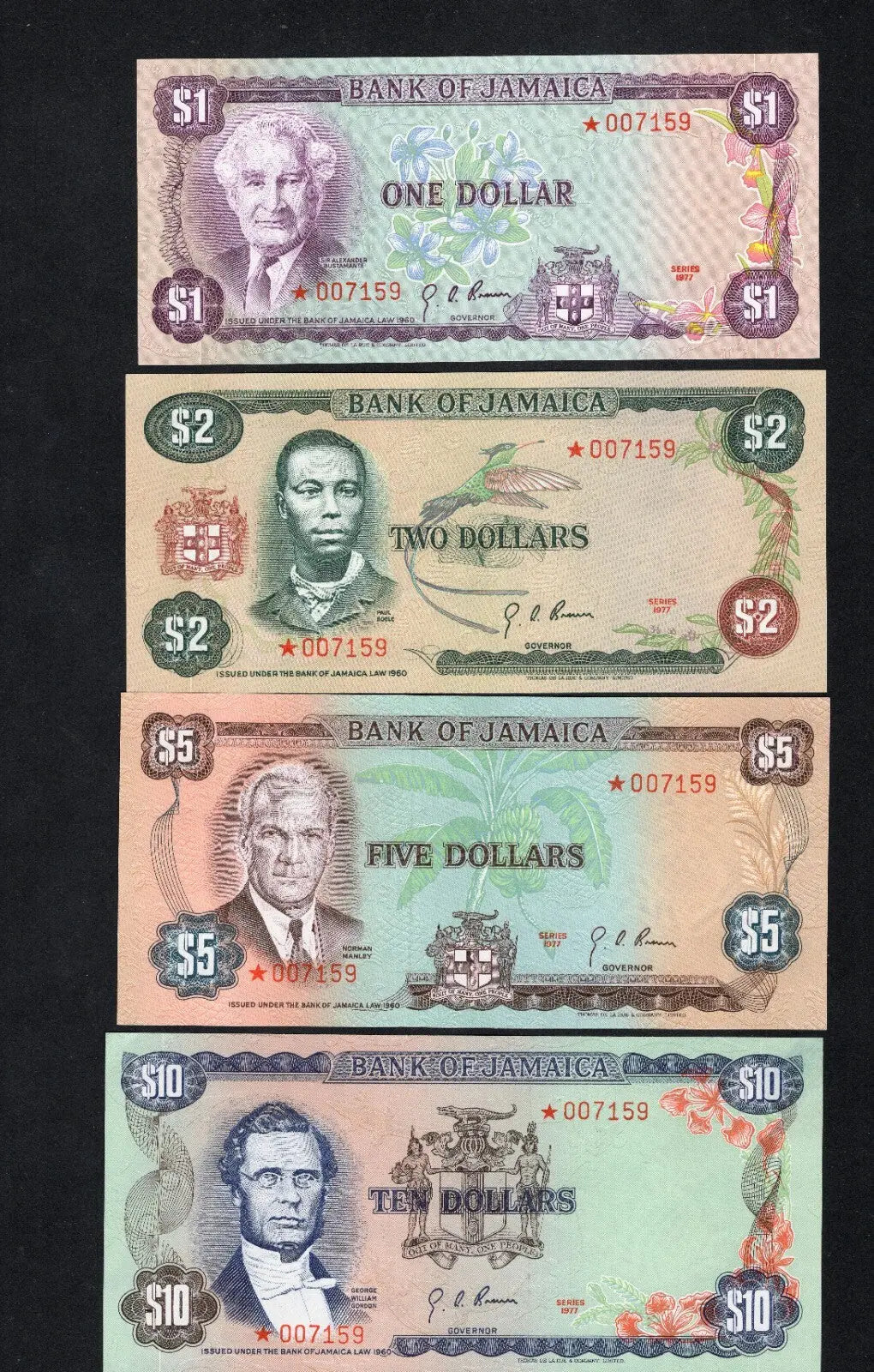 front of JAMAICA 1 2 5 $10 1977 STAR MATCHING  SERIAL NUMBER  007159 RARE/c2