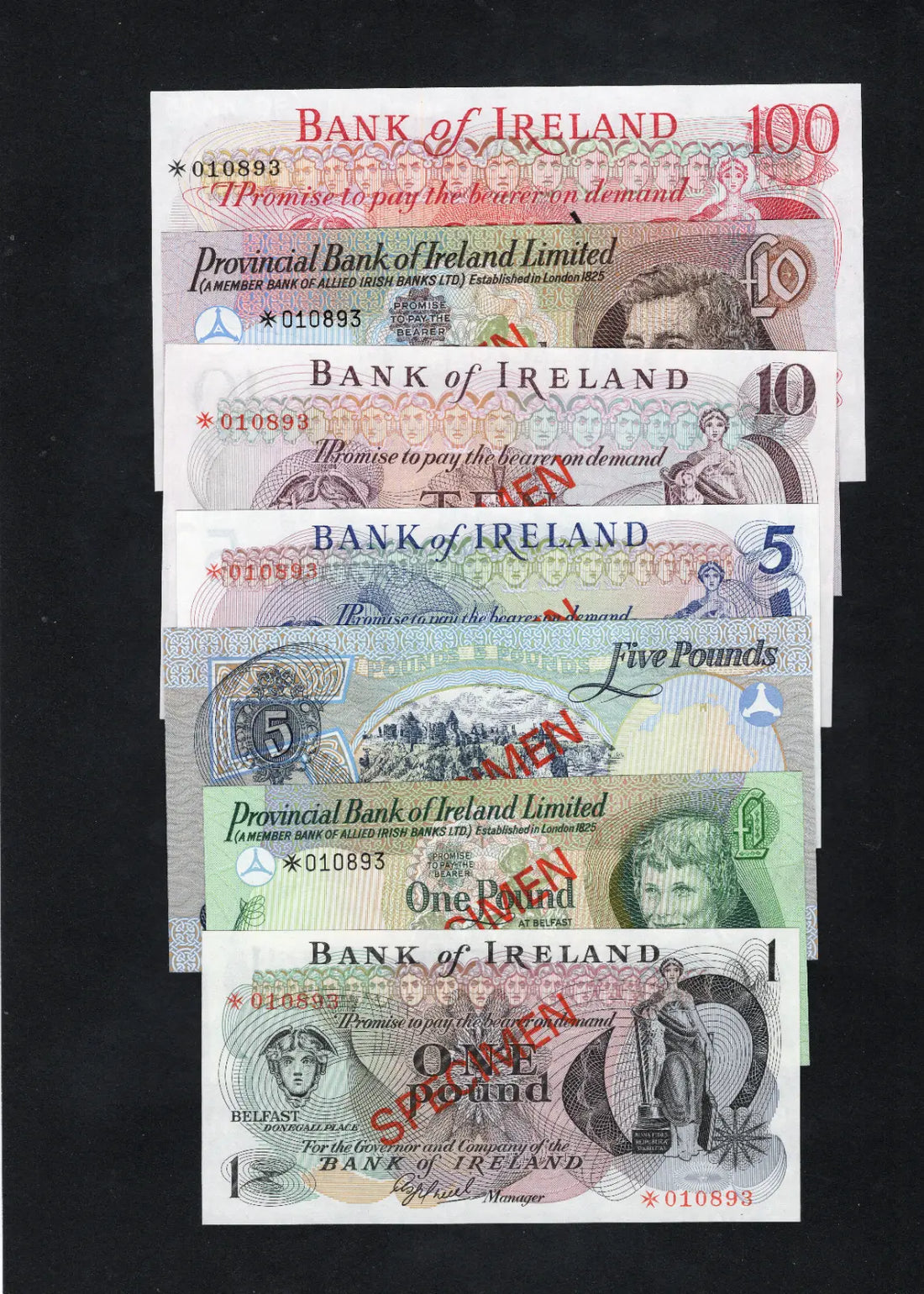 NORTHERN IRELAND 1 5 10 100 POUND 7 SPECIMEN NOTES UNC/d10