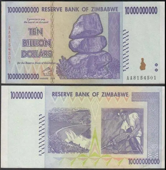 Zimbabwe ten billion dollar banknote front and back, large denomination world currency