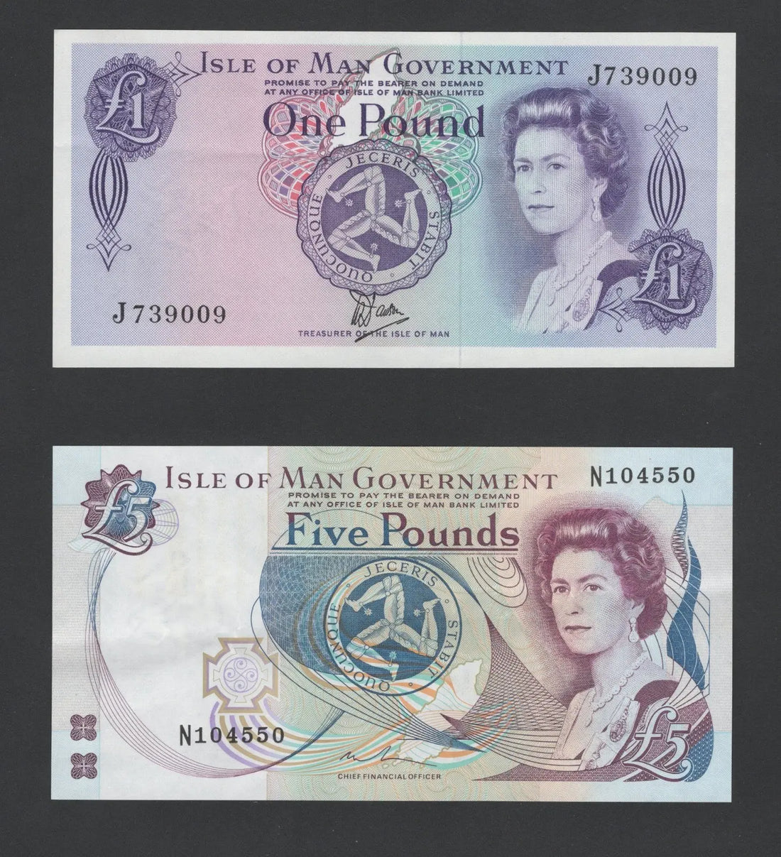 FRONT OF SET OF 2 ISLE OF MAN Banknotes1,5 Pounds AUNC/d11
