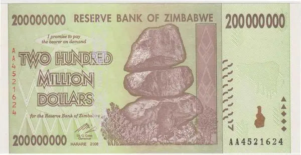 Zimbabwe 200 million dollar banknote, Reserve Bank currency, with stacked rocks illustration.