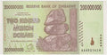 Zimbabwe 200 million dollar banknote, Reserve Bank currency, with stacked rocks illustration.