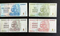 Zimbabwe banknotes set including 100, 50, 20, and 10 trillion dollar bills, unique collectible currency.