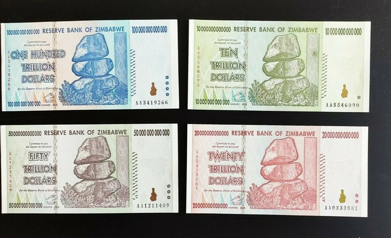 Zimbabwe banknotes set including 100, 50, 20, and 10 trillion dollar bills, unique collectible currency.