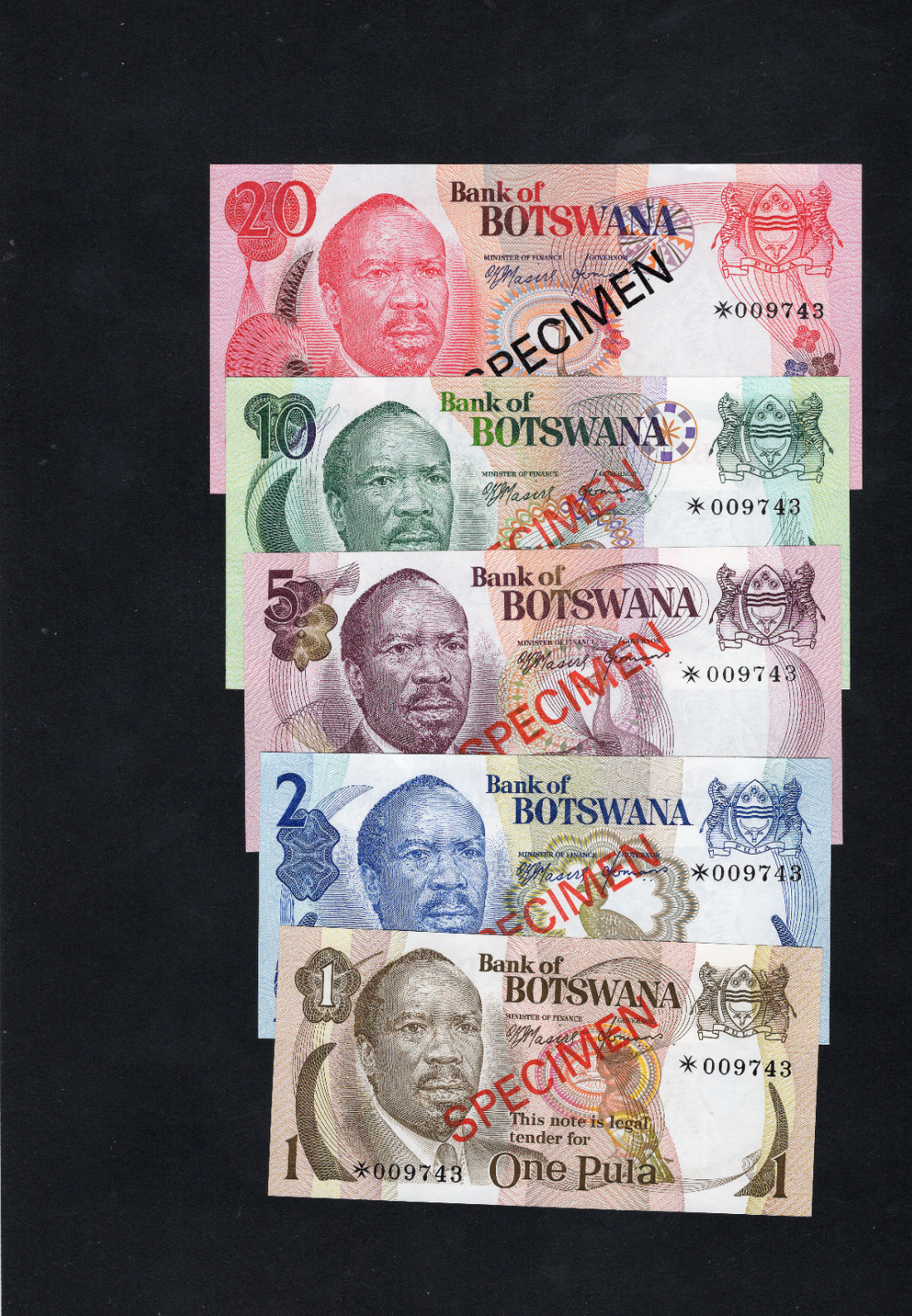 BOTSWANA 1978 SPECIMEN SET of 5 x BANKNOTES 1 - 20 PULA UNCIRCULATED/d10