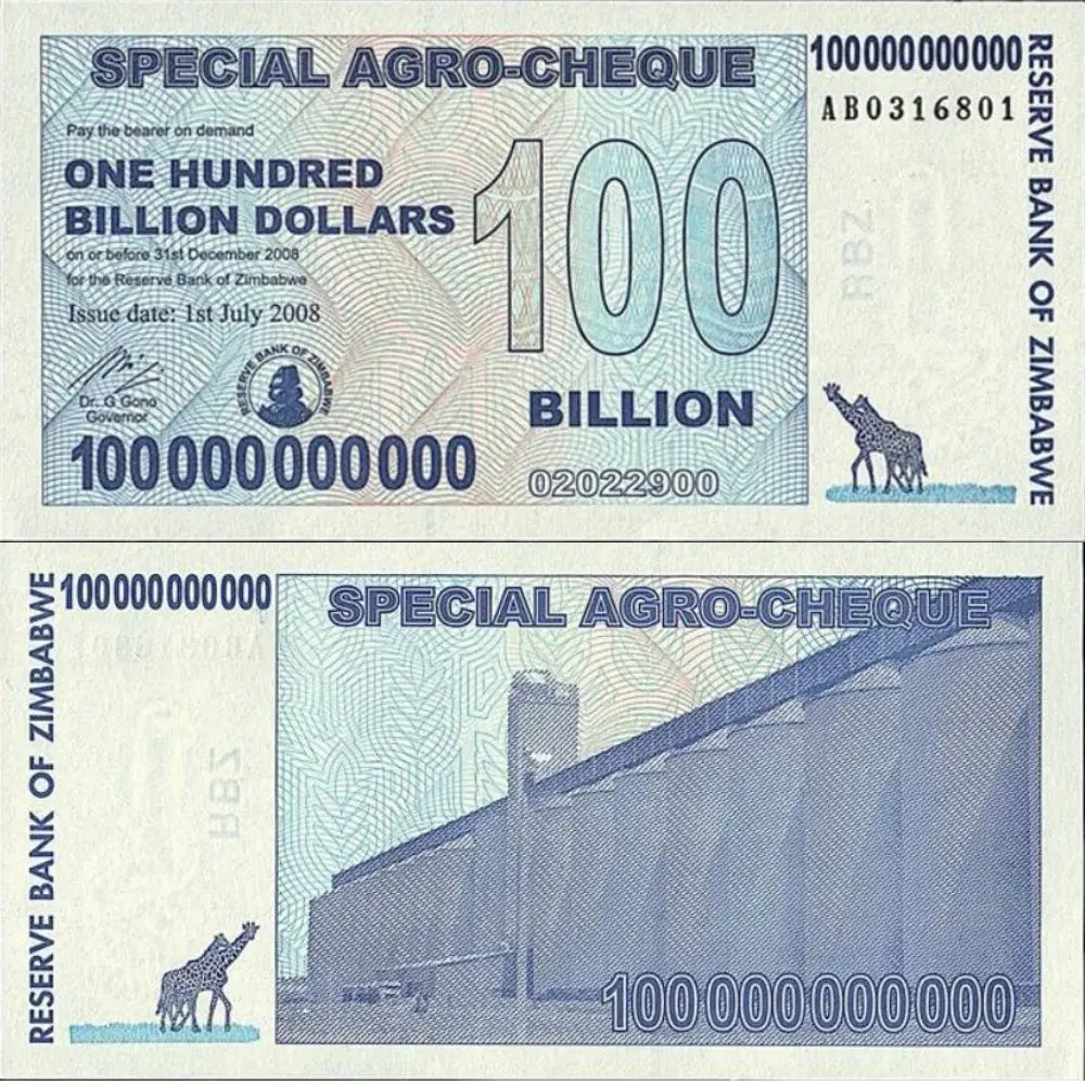 Zimbabwe 100 Billion Dollars Special Agro-Cheque 2008 UNC Uncirculated AA Prefix