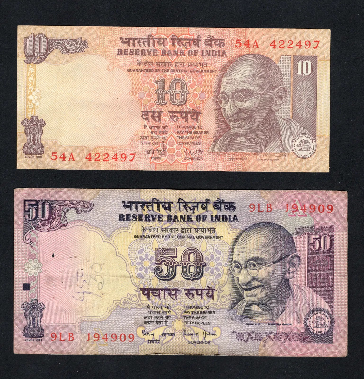 INDIA 50 & 10 RUPEES  USED /S1