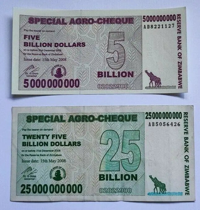 Zimbabwe 5 , 25 , 50 , 100 Billion Dollars Special Agro-Cheque  2008 Used 4 PCS