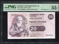 front of Scotland 1972  20 Pounds P208a Clydesdale Bank  PMG 55 EPQ AUNC Serial number 4