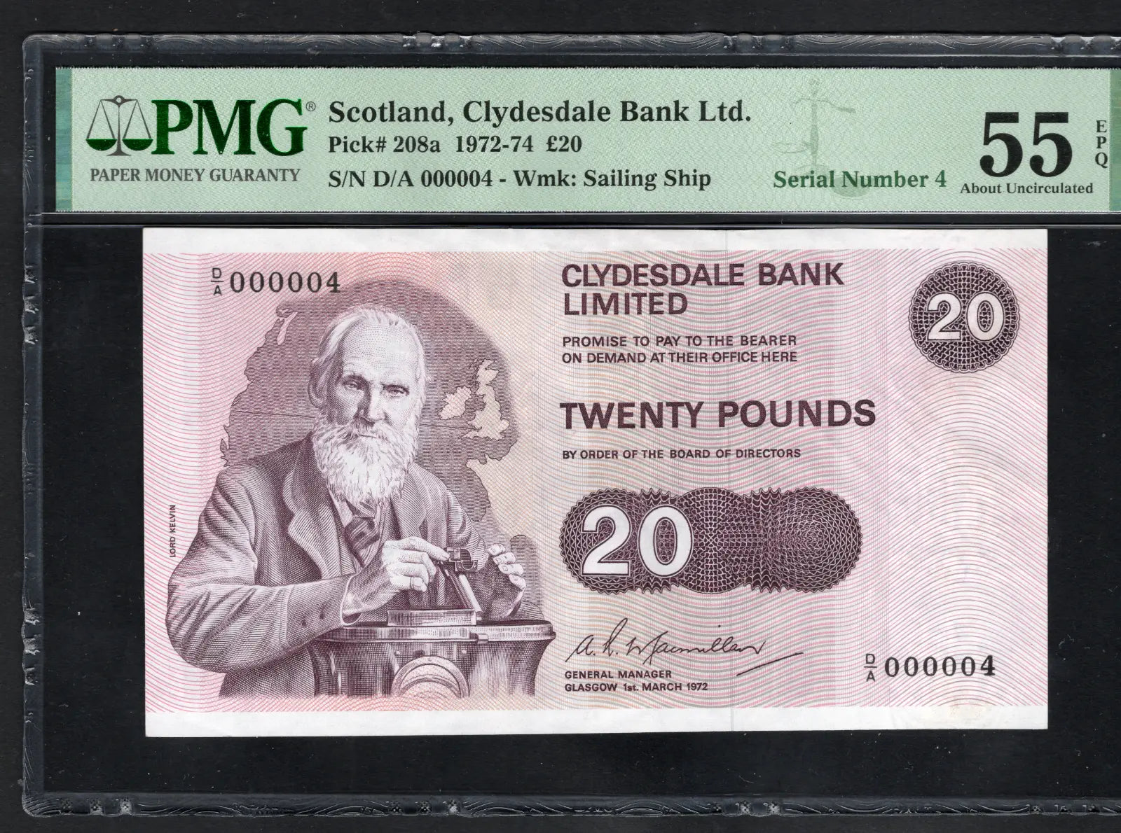 front of Scotland 1972  20 Pounds P208a Clydesdale Bank  PMG 55 EPQ AUNC Serial number 4