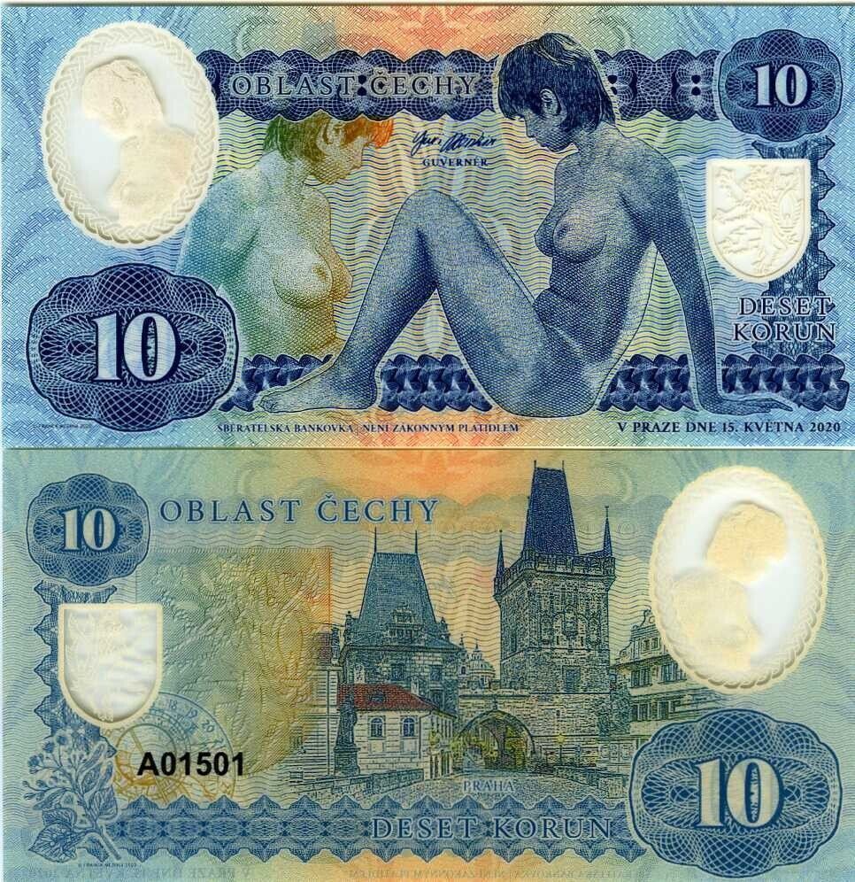 Bohemia, 10 Korun, Private Issue Essay, 2020 Nude Allegory, Clear Window Polymer - worldbanknote