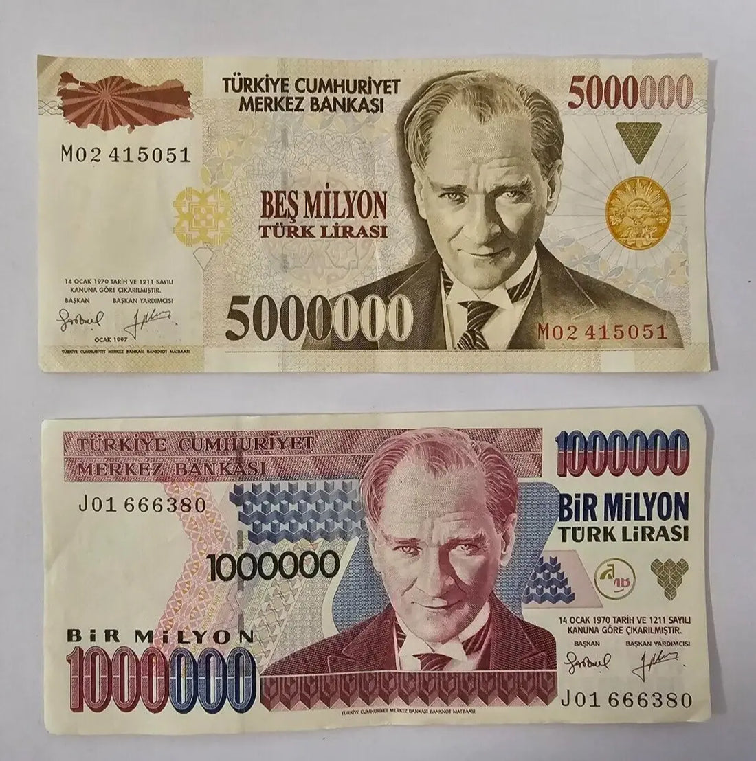 Set of 4 turkey banknotes: 5, 10 , 1 millon and 5 million lira (1997 to 2005) VF