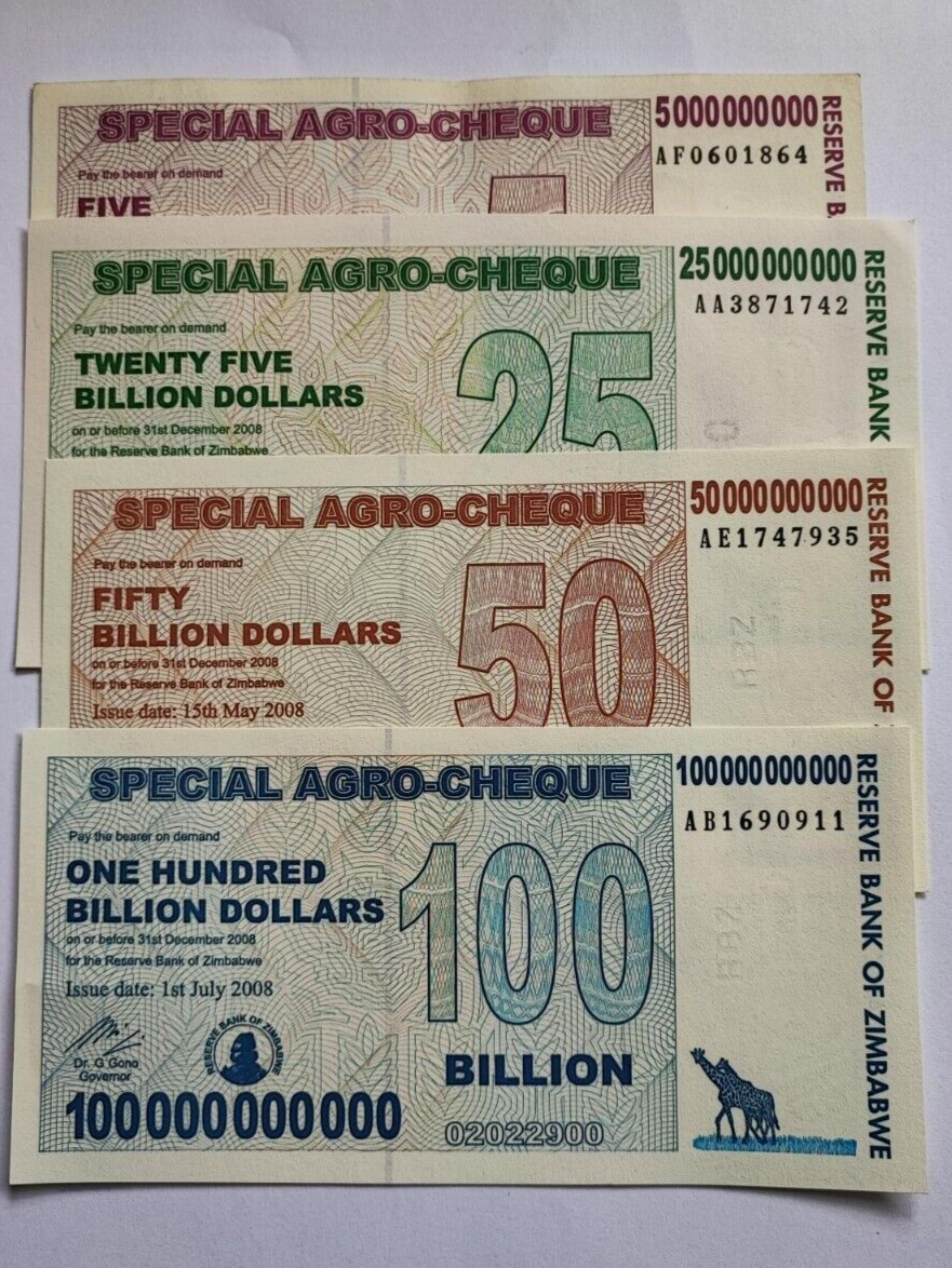 Set of 4 Zimbabwe 5 to 100 Billion Dollars Special Agro-Cheque Notea AUNC - worldbanknote