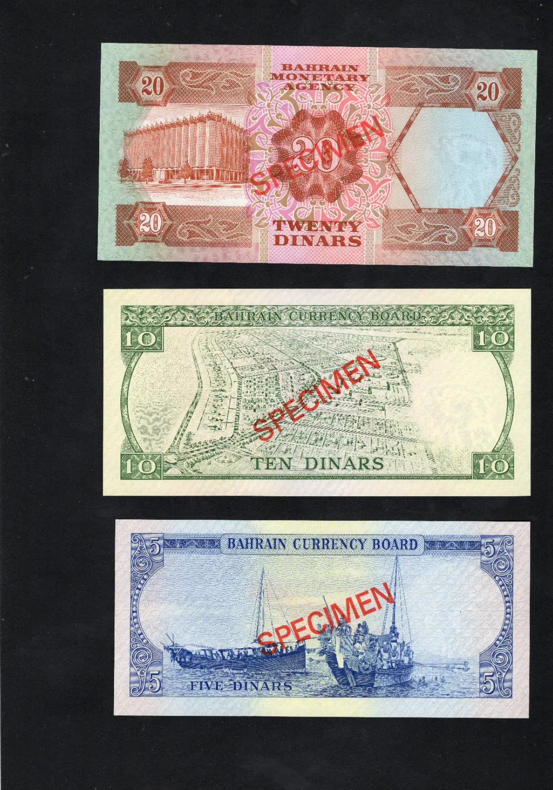 1978 SPECIMEN BAHRAIN BANKNOTES 100 FILS,1/4,1/2,1,5,10,20 DINARS UNC/D10