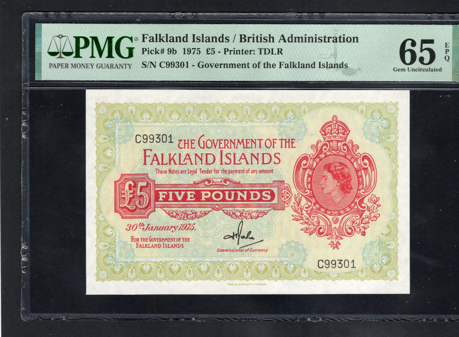 front of Falklands 5 Pounds 1975 P9b PMG Uncirculated 65 EPQ