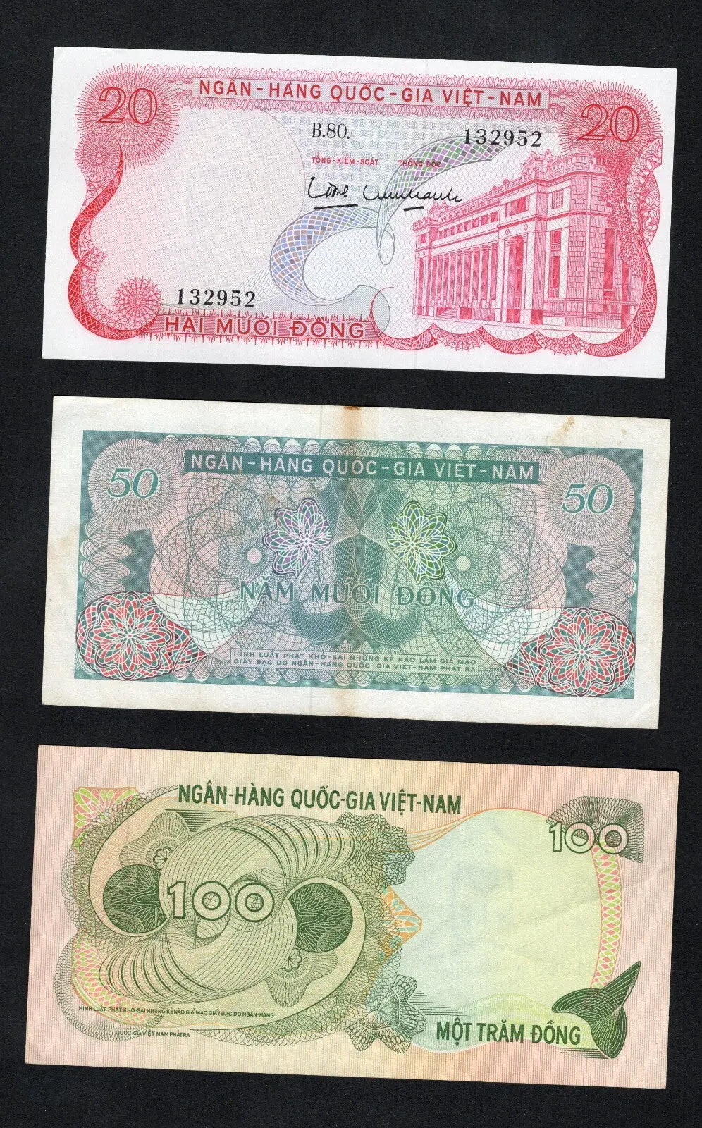 set of 5 notes:South Vietnam 20 to 1000 Dong 1970  Used/ref d5