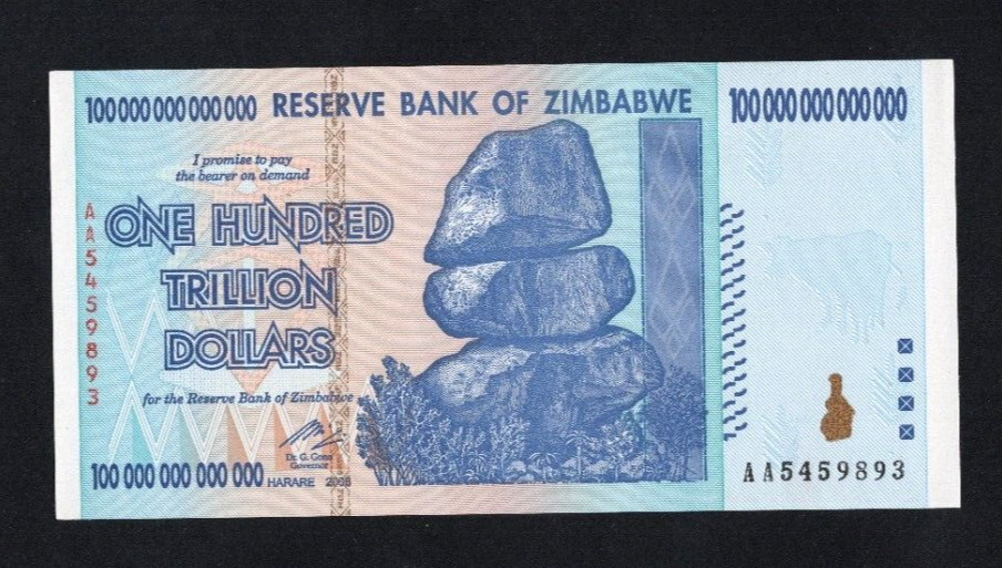Zimbabwe 100 Trillion Dollar banknote. Genuine, AUNC AA Serial Number UV checked - worldbanknote