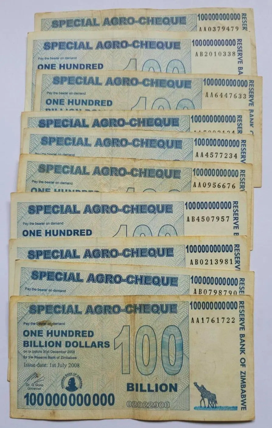 40 X 100 billion special agro cheque Zimbabwe dollar notes. used.