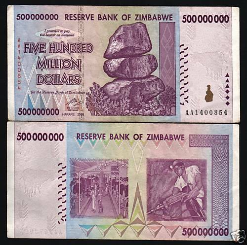 Zimbabwe 500 million dollars banknotes used - worldbanknote