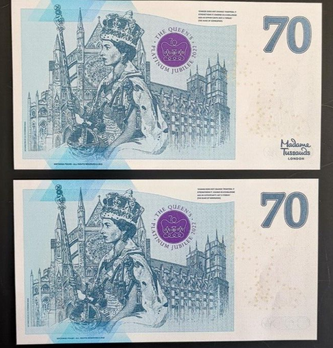 2 NOTES SET THE QUEEN'S PLATINUM JUBILEE 2022 BRITANNI COMMEMORATIVE BANKNOTE - worldbanknote