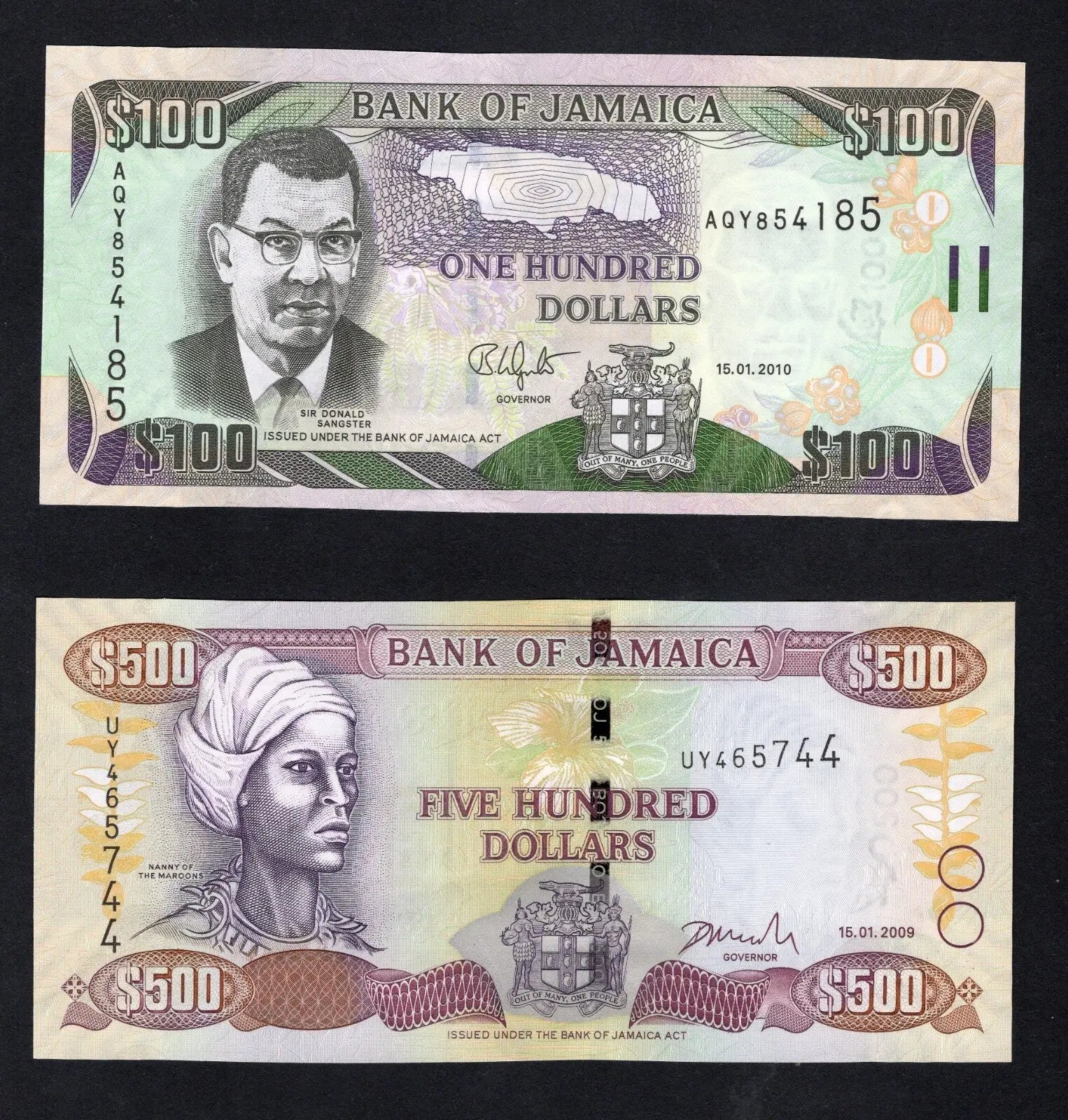 5 Jamaica banknotes: 2,20,50,100,500 dollars(1979/2010) unc/c2