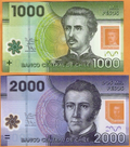 CHILE 1000 and 2000 Pesos Banknotes (2009/2011) - UNC - worldbanknote