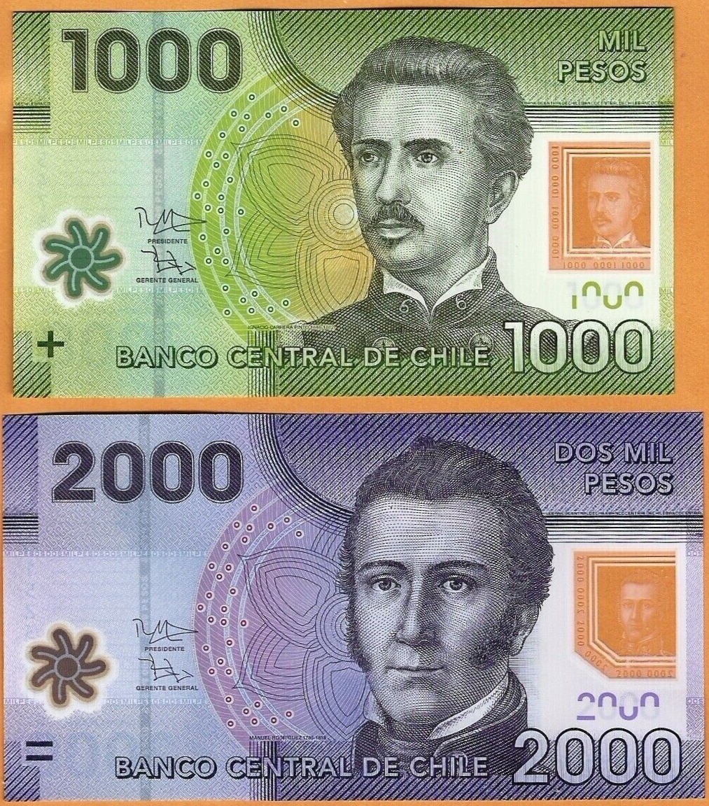 CHILE 1000 and 2000 Pesos Banknotes (2009/2011) - UNC - worldbanknote