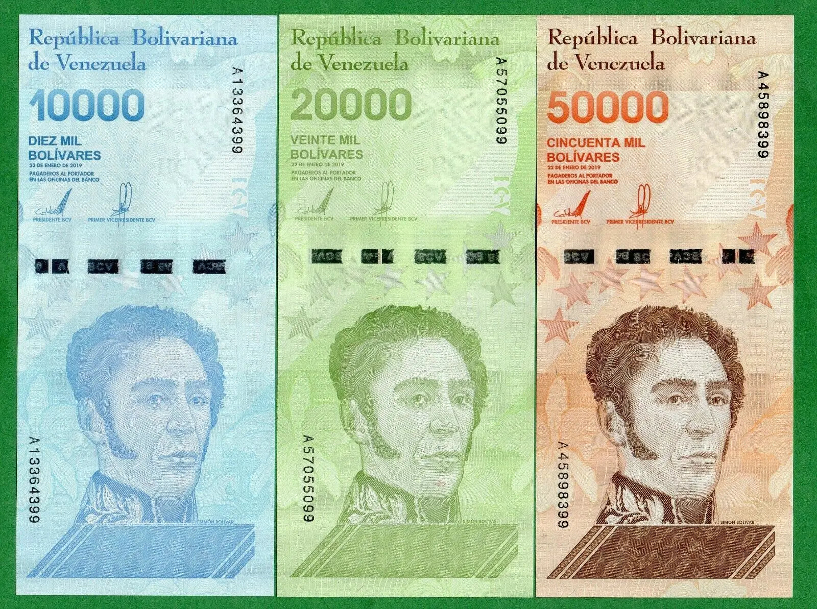 Venezuelan Bolívar banknotes collection, 10000, 20000, and 50000 denominations, with Simón Bolívar portrait, colorful currency bills