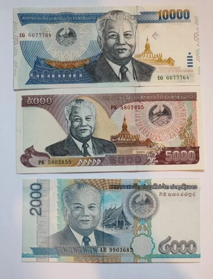 Laos 5 Set 3, 5000, 10000 and 2000 Kip, 2003 to 2011, UNC, P NEW