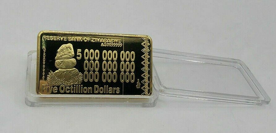 Gold plated Zimbabwe Five Octillion Dollar bar Gold Clad Bullion Bar - worldbanknote