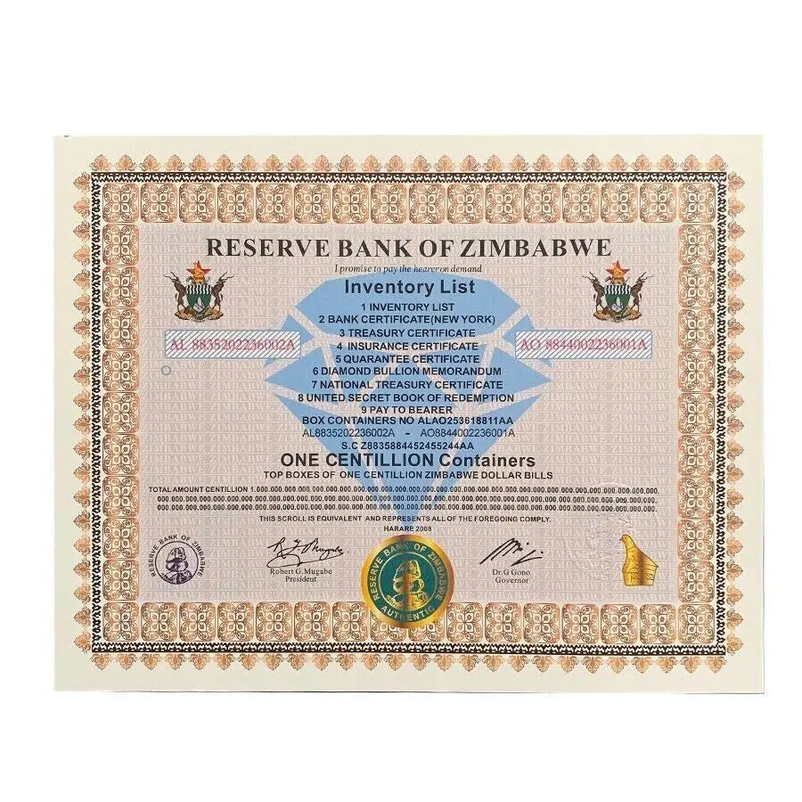Zimbabwe ONE Centillion Containers Banknote Certificate Paper Money Gift