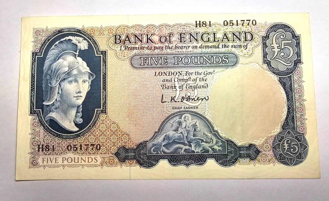 Bank Of England £5 NOTES LK O'BRIEN Very Fine/ref b1 - worldbanknote