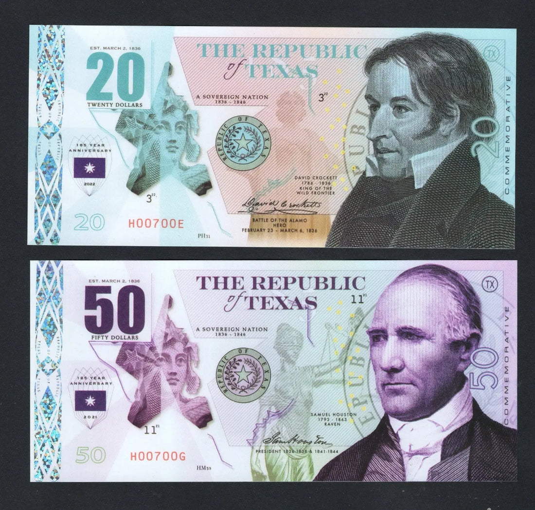 Set of 4 Republic of Texas Polymer Banknotes 20, 50, 100, 500 Dollars  Fantasy