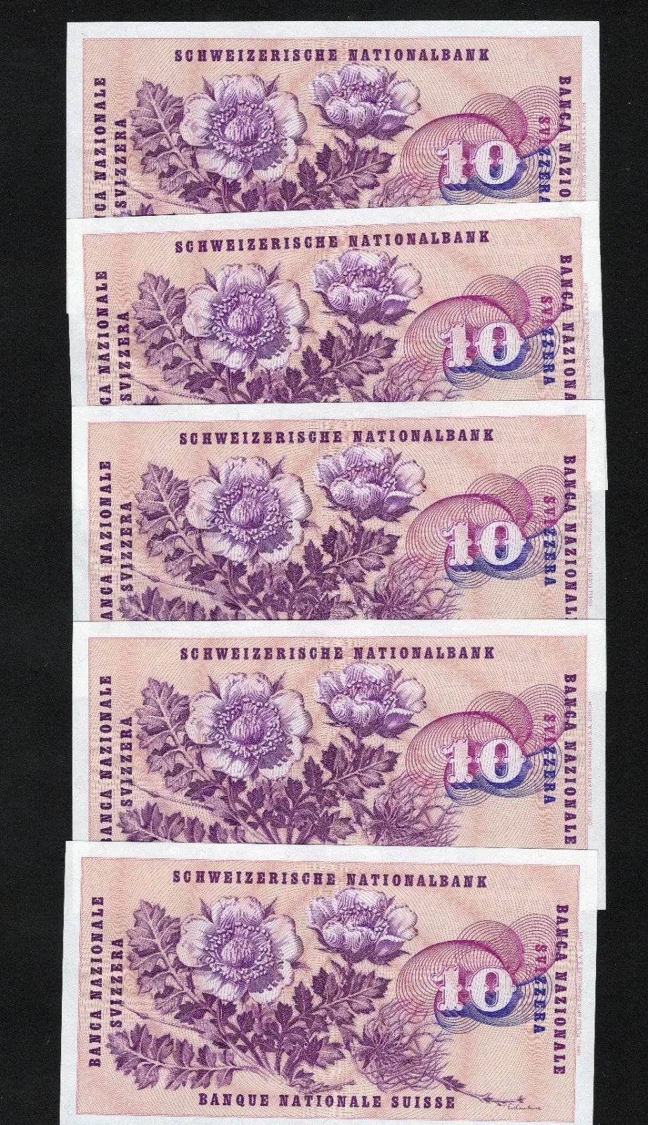 5xSwitzerland banknote P.45u 10 Francs 1972 AUNC/d15