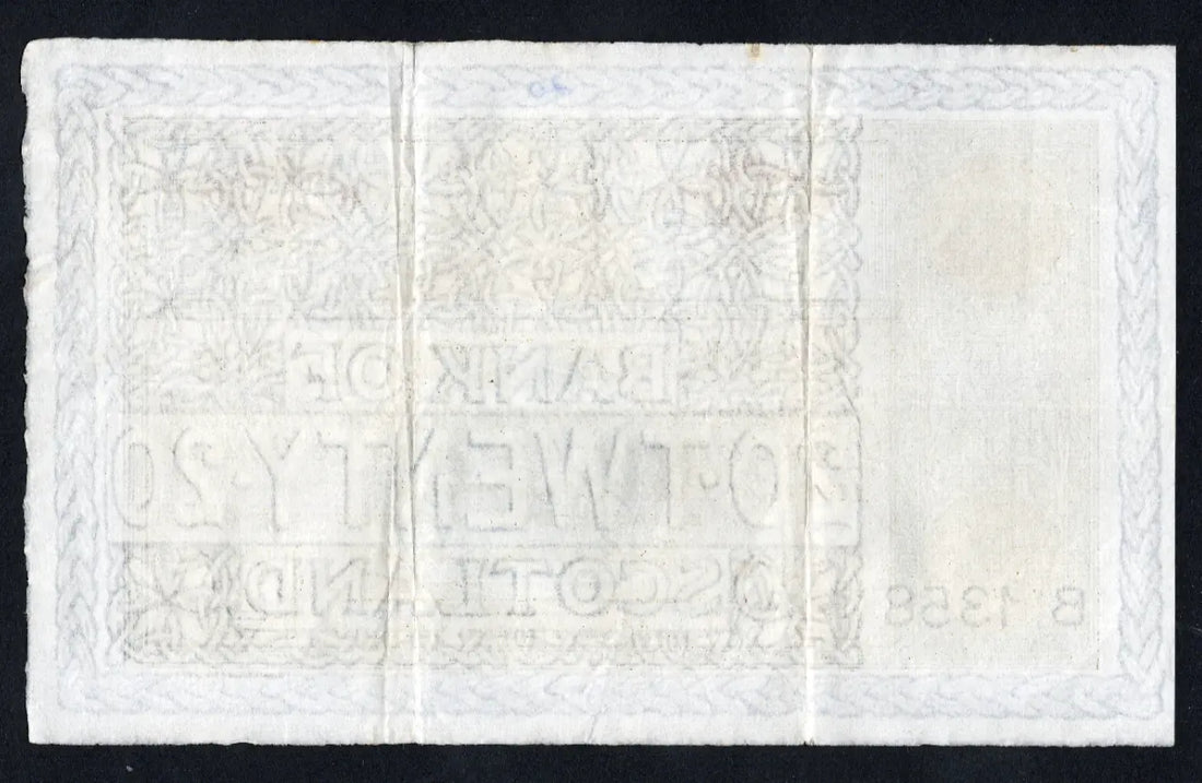 Front and back view of a 27th March 1958 Bank of Scotland £20 banknote, Pick 94f, serial 4/D 2551, featuring Queen Victoria portrait.