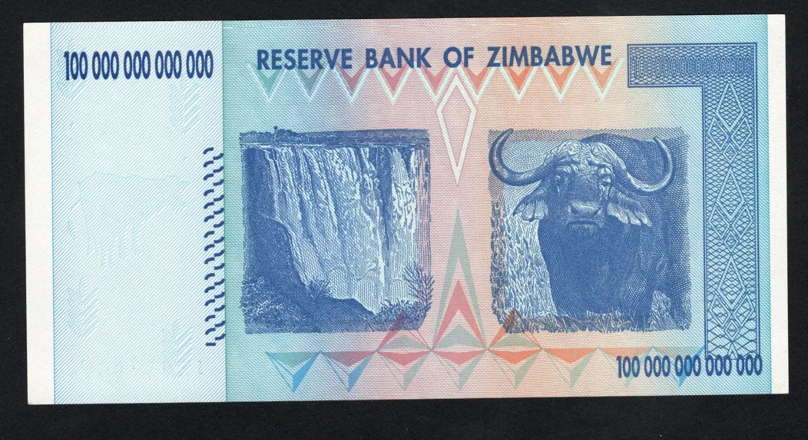 back of Zimbabwe 100 Trillion Dollar banknote. Genuine, AUNC AA Serial Number UV checked