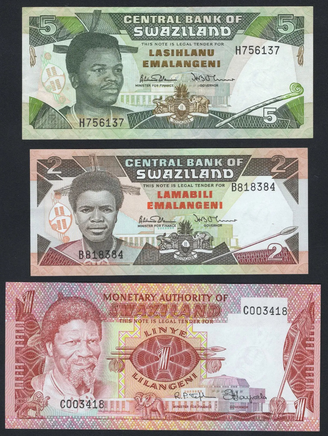 Set of 3 Swaziland Banknotes(1,2,5 Emalangeni ) VF/F10